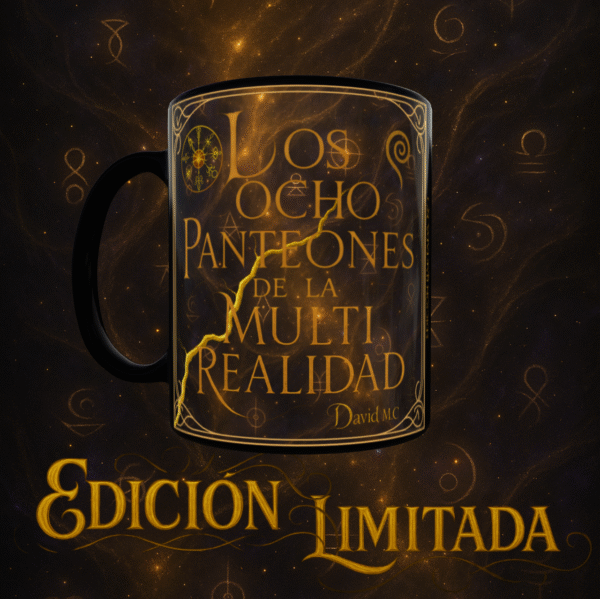 TAZA NEGRA 8 PANTEONES EDICION LIMITADA IZQUIERDA Taza Negra – Edición Limitada “Los Ocho Panteones de la Multi-Realidad”